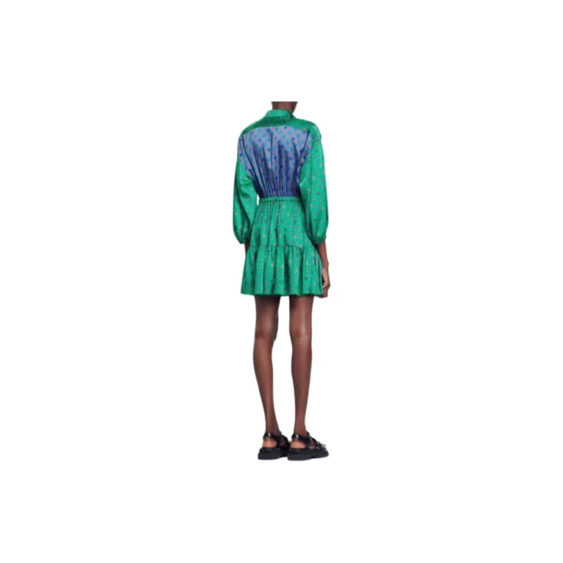 Sandro Printed Shirt Dress Long Sleeved Dress Women's Green-1