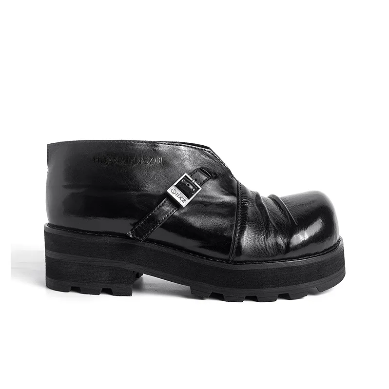 HUANXIANGZHE Round Tip Derby Shoes With Platform Height Increasing Leather Shoes Men's Black-1