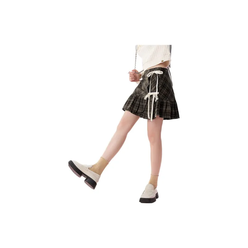 B.Duck Casual Short Skirts Women's Brown Plaid-2