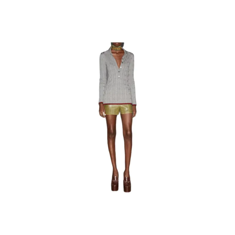 GUCCI Fine Cable And Rib Wool Polo Top 'Dove Grey'-1