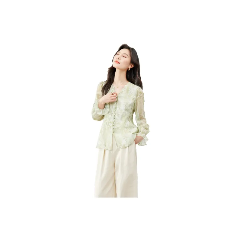 VIMLY Chiffon Shirts Women's Green Multicolor-1