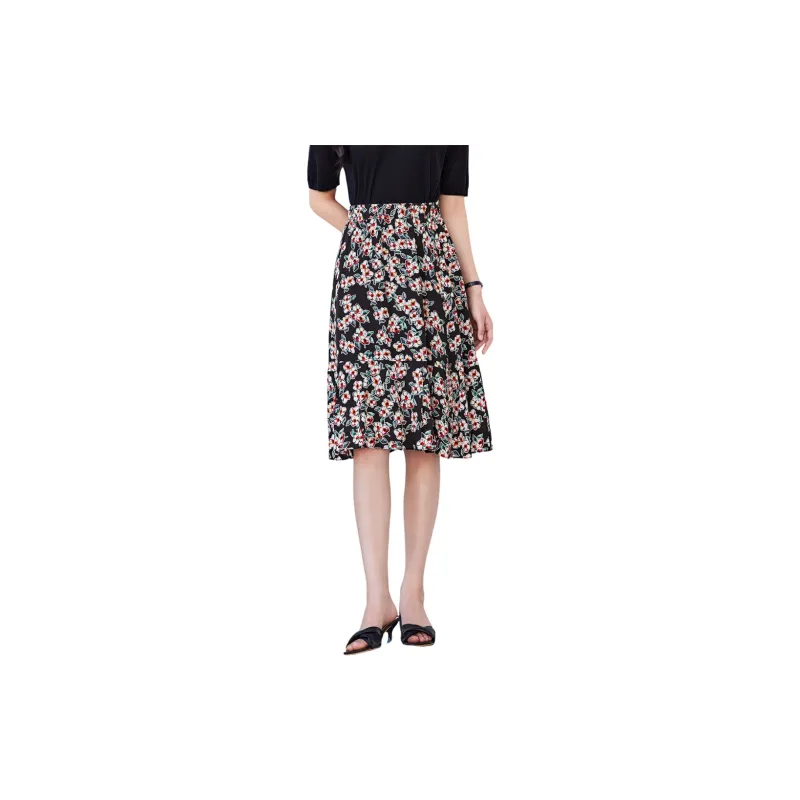 H-YXIANG Casual Long Skirts Women's Black Background With Flowers-2