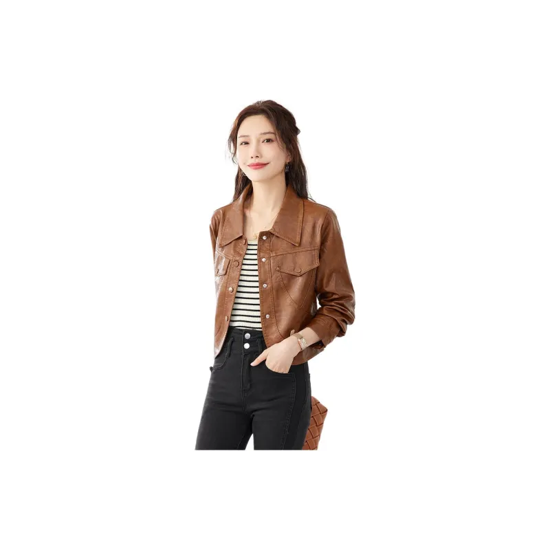 TERRE BLEUE Leather Jacket Women's Khaki-4