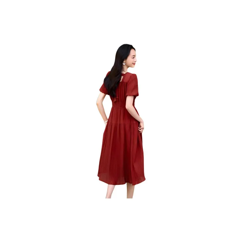 Mo Han Yi Mei SS24 Short Sleeved Dress Women's Vintage Red-1