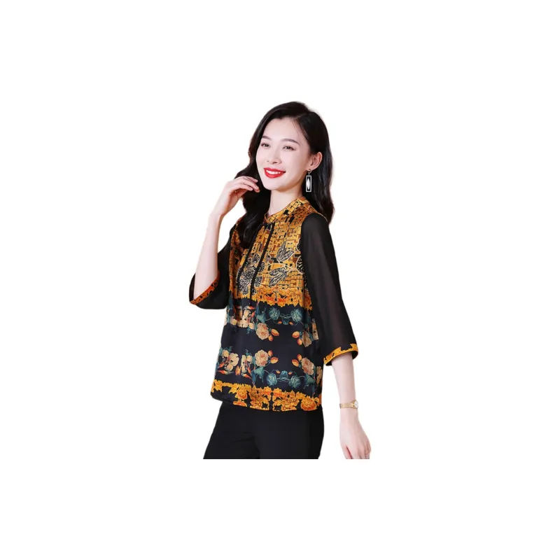 Yi Mengyuan Silk Shirt Women's Yellow Flower-2