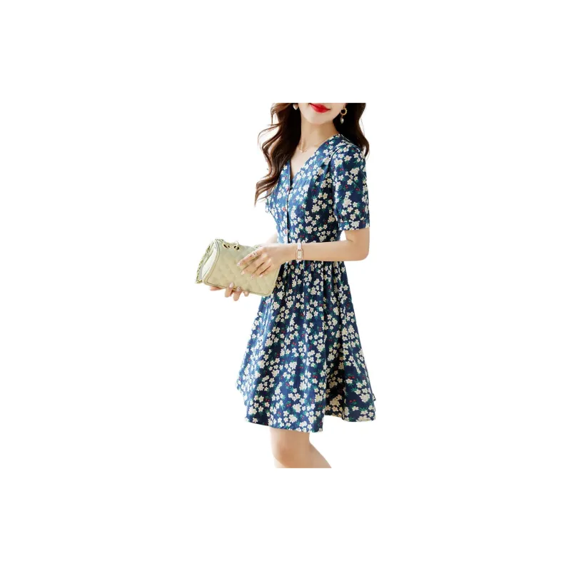 Still Quiet Short Sleeved Dresses Women's Navy Blue-2