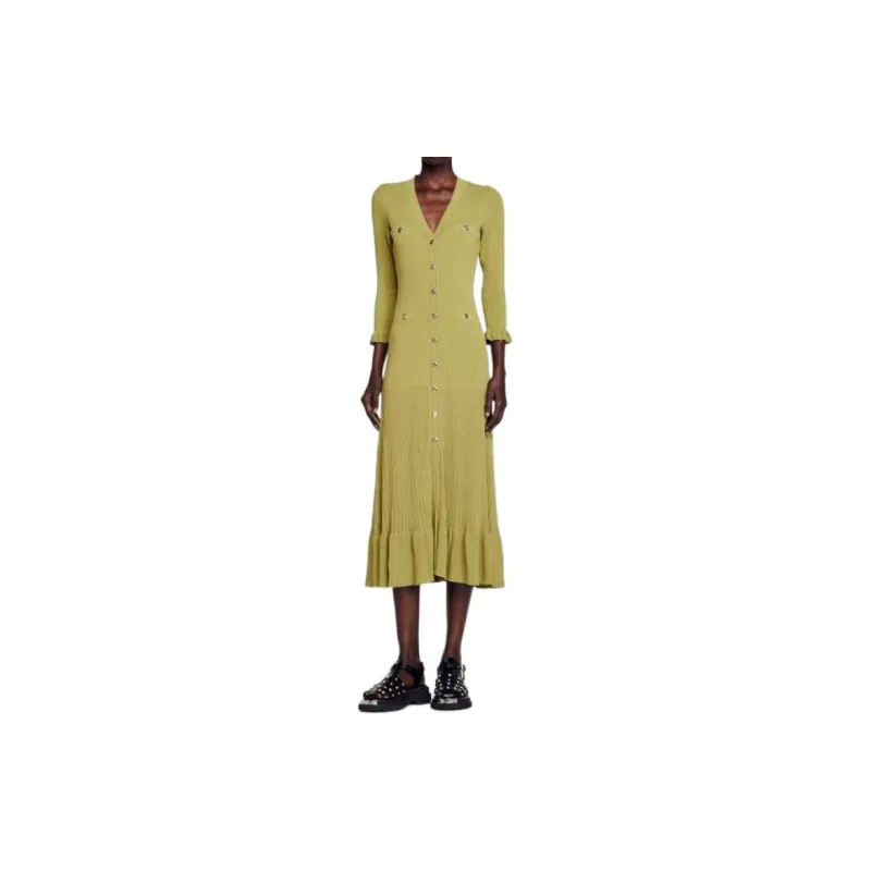 Sandro Önden Düğmeli Triko Uzun Elbise Long Sleeved Dress Women's Green-2
