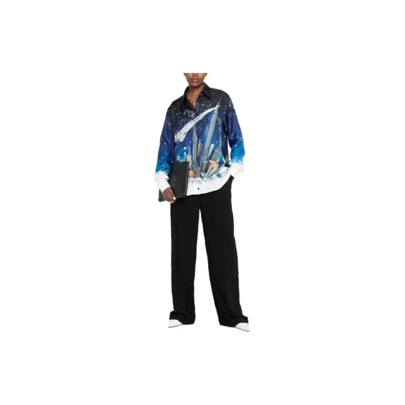 CASABLANCA Vol De Nuit Silk Twill Button Down Shirt 'Blue'-2