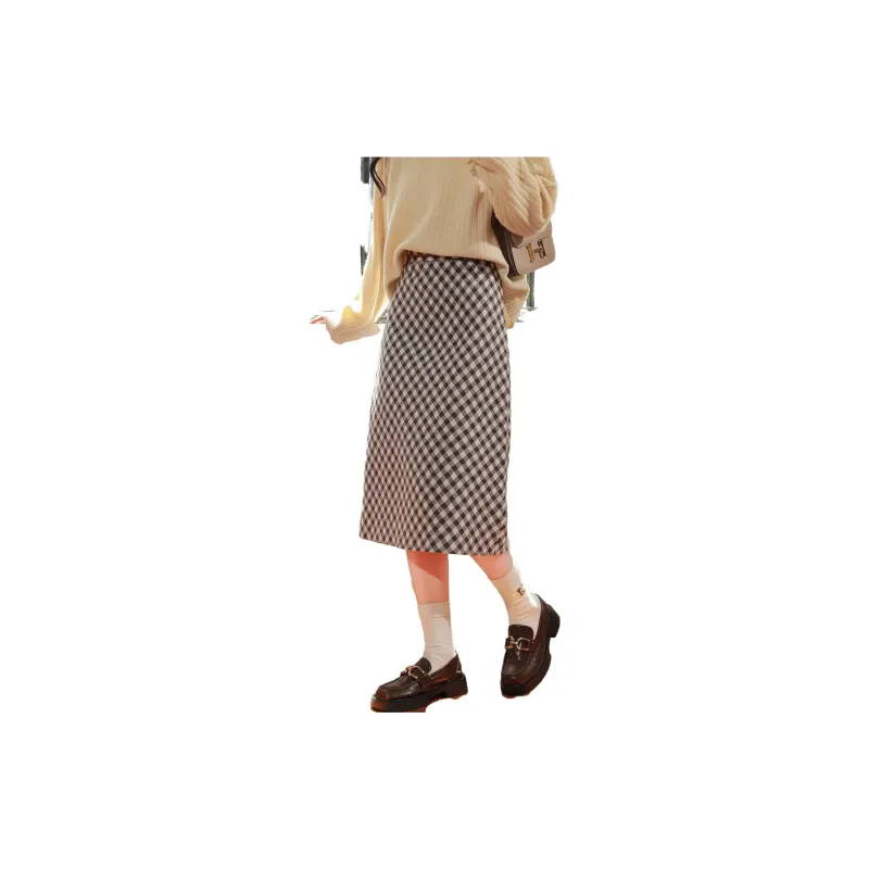 SUBEN Casual Long Skirts Women's Coffee Plaid-1