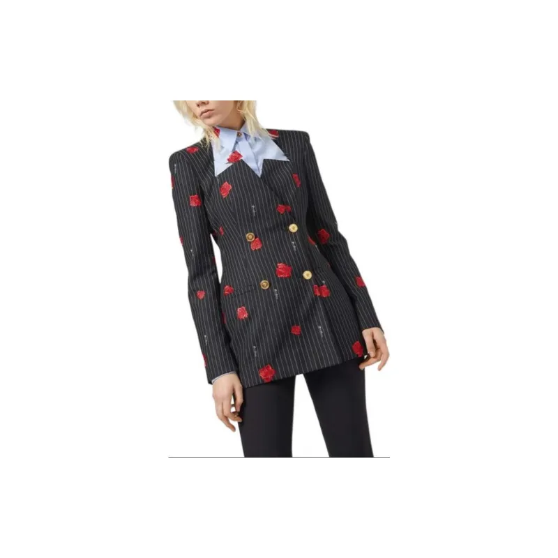 VERSACE Rose Print Striped Double Breasted Jacket 'Black'-2