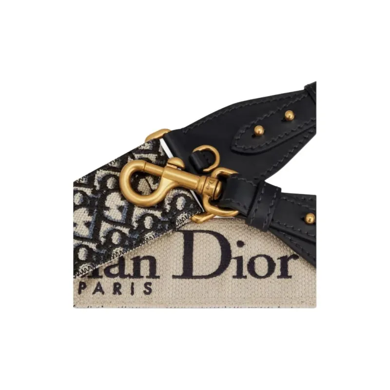 DIOR Embroidery With Calfskin Bag Strap Women's Beige/Black-4
