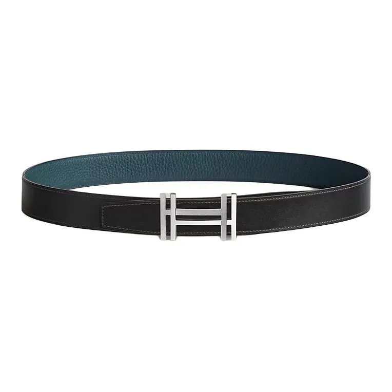 HERMES Togo Calfskin Double-Sided Leather Belt Unisex Black/Prussian Blue Width: 3.2cm-1
