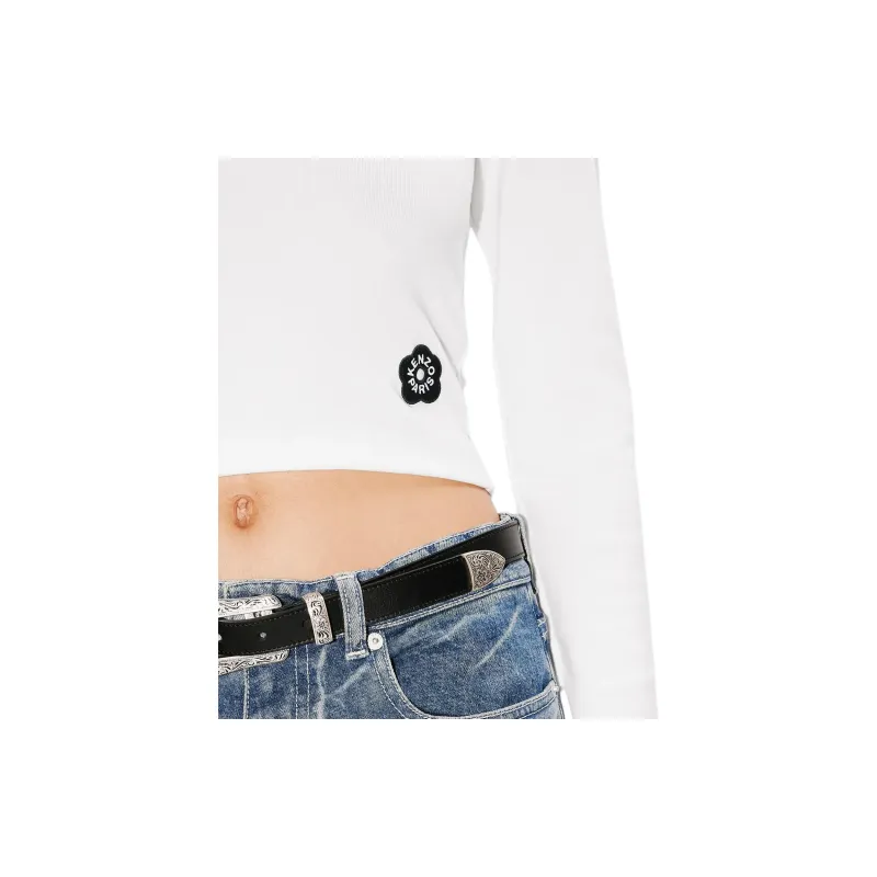 KENZO Logo Floral Emblem Cropped Long Sleeved T Shirt Women's White-6