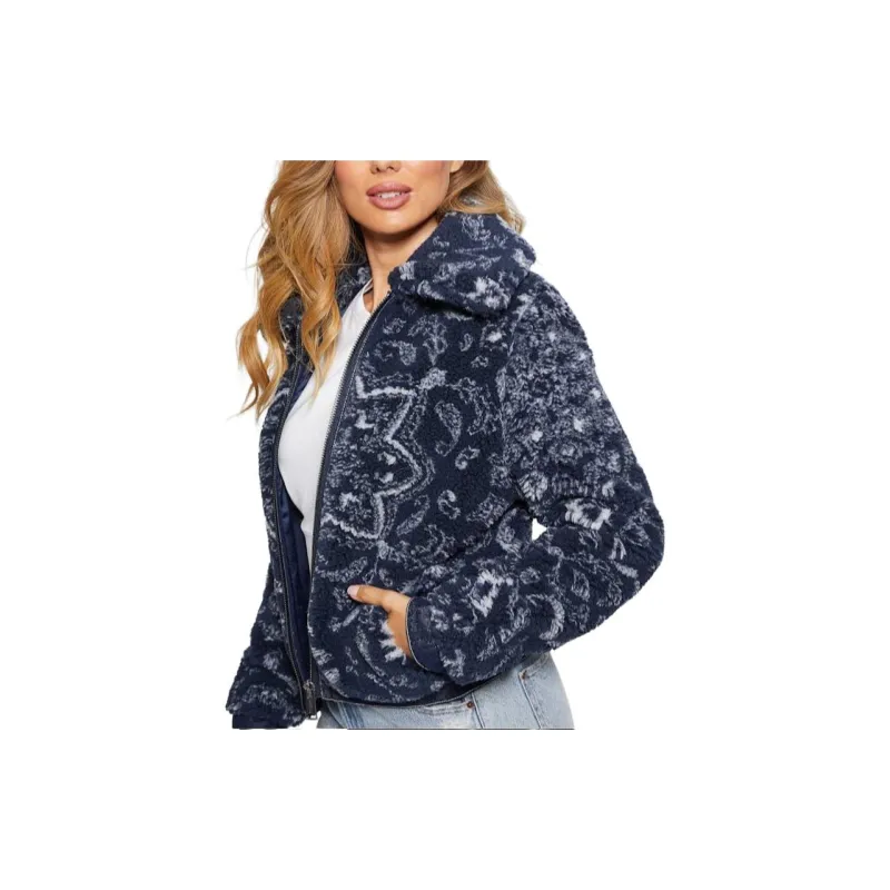 GUESS Eco Carmela Printed Sherpa Jacket Jackets Coats Women's Marine Blue-1