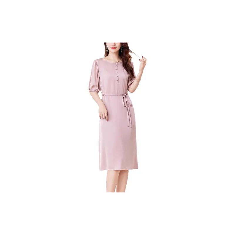 Yi Mengyuan Lace Up Silk Short Sleeved Dress Women's-14