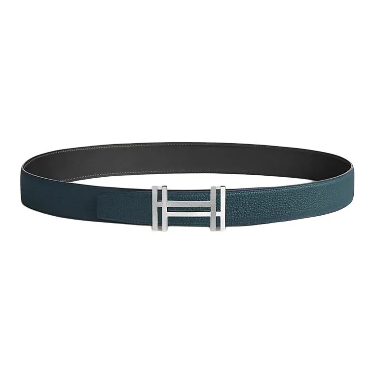 HERMES Togo Calfskin Double-Sided Leather Belt Unisex Black/Prussian Blue Width: 3.2cm-0