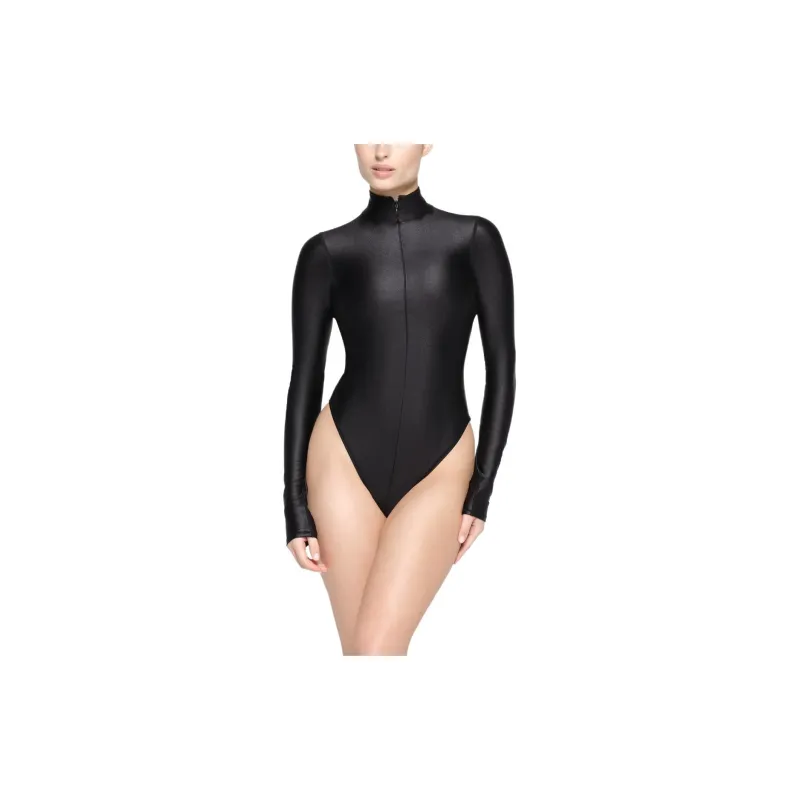 SKIMS SHINE SWIM ZIP FRONT LONG SLEEVE ONE PIECE One-piece Swimsuit Women's ONYX/Onyx-1