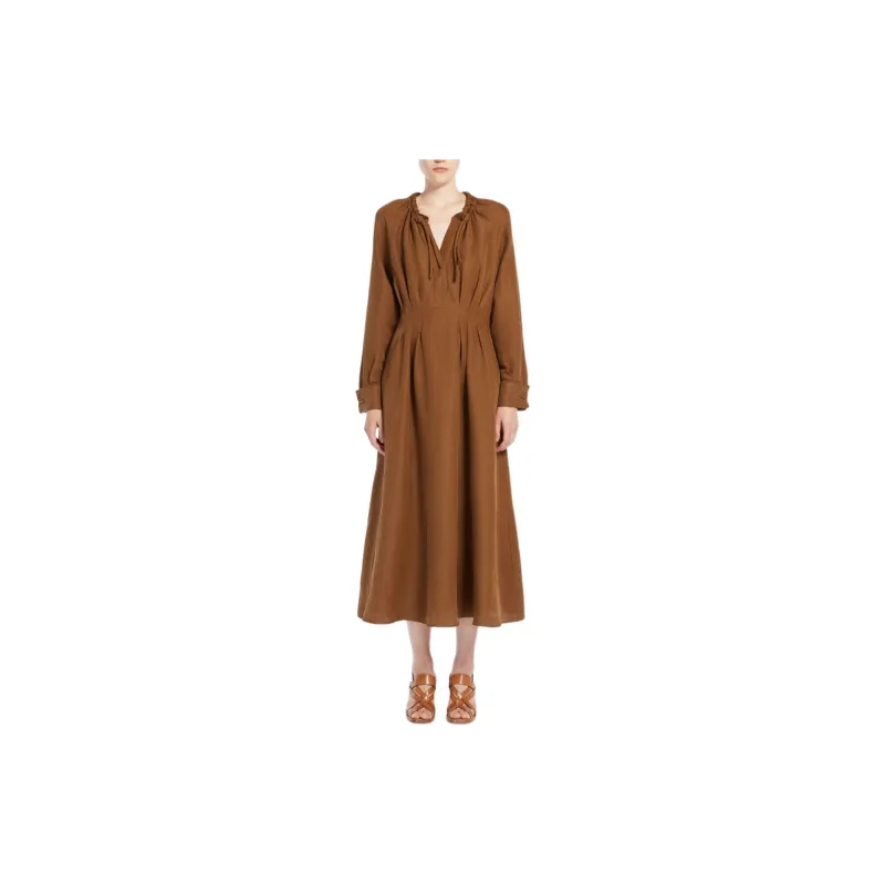MaxMara Drina Collection Feminine Dress In Linen And Silk Long-Sleeved Dresses Women's Tobacco-1