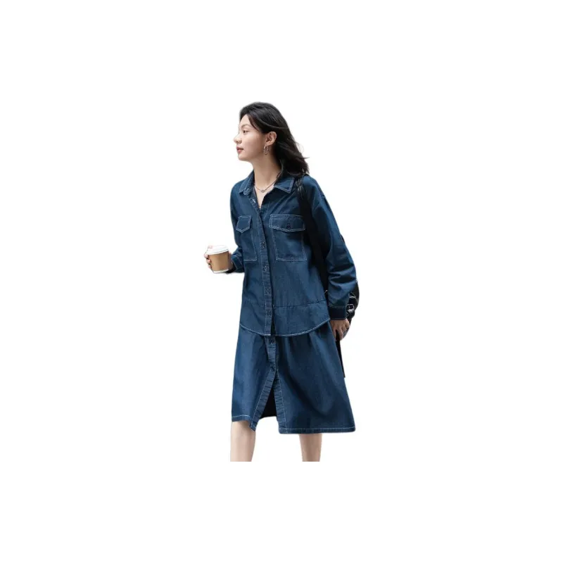 【dme】 Long Sleeved Dress Women's Denim Blue-3