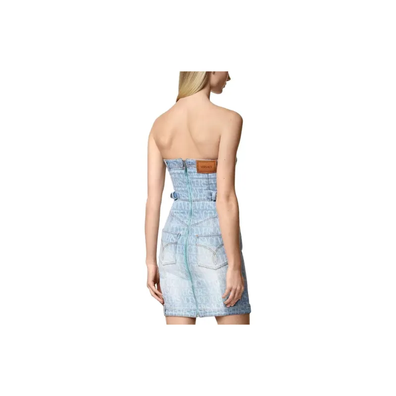 VERSACE All Over Denim Mini Dress 'Light Blue'-3