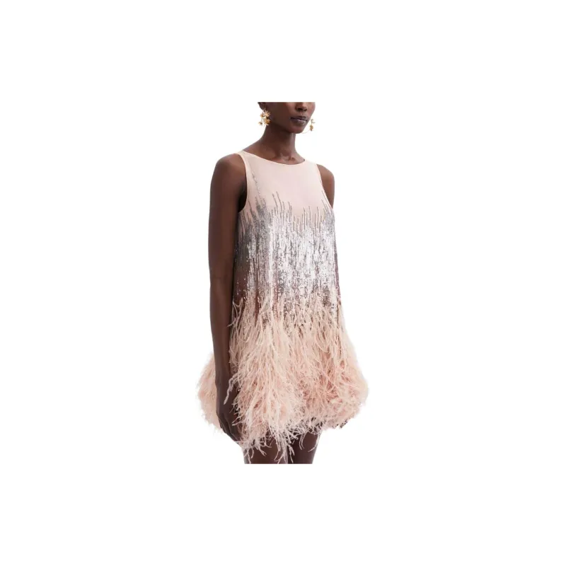 Oscar De La Renta Sequin-embellished Feather-trim Silk Dress-4