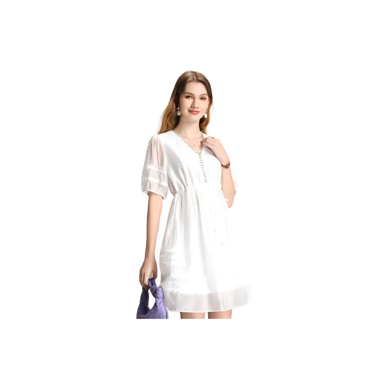 FENHONGMALI Short Sleeved Dresses Women's White-2