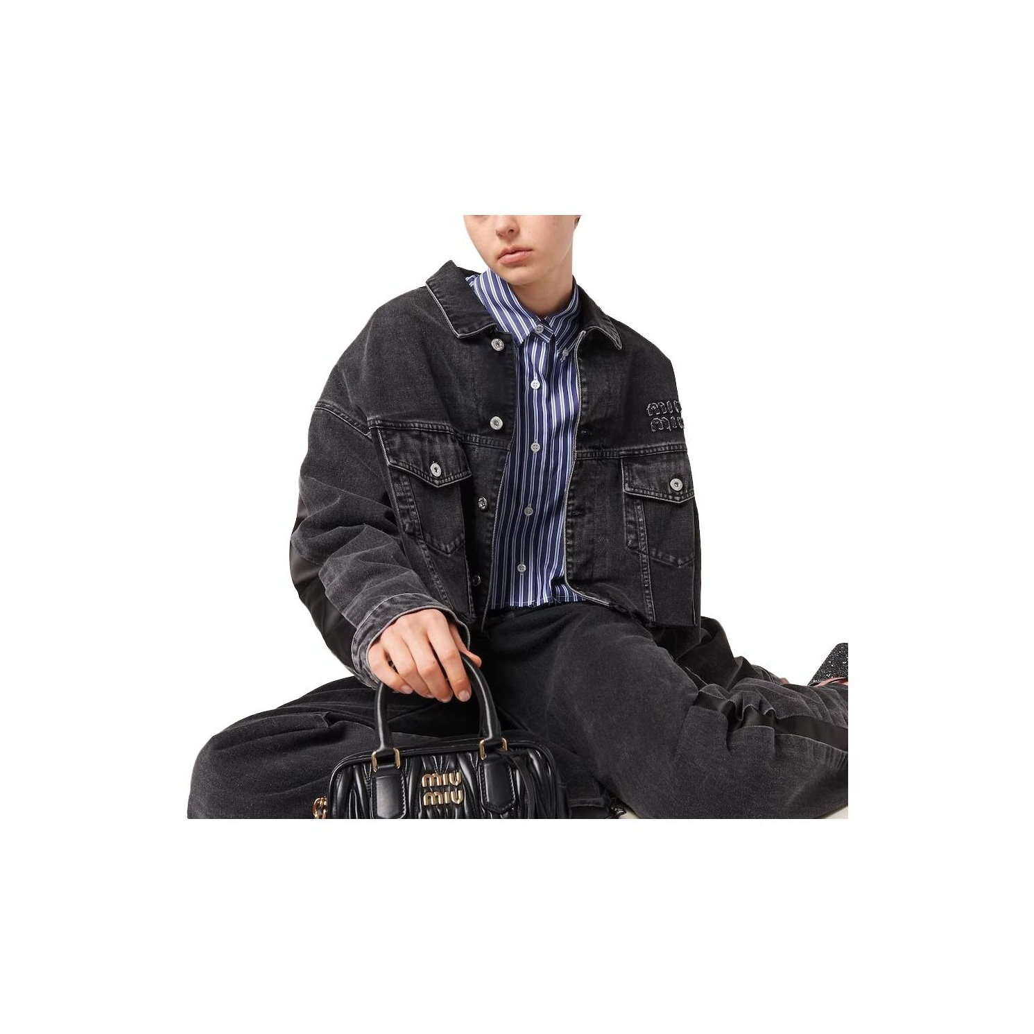 ジャケット MIU MIU DENIM JACKETS NERO Black Black Denim Blouson Jacket | Miu Miu