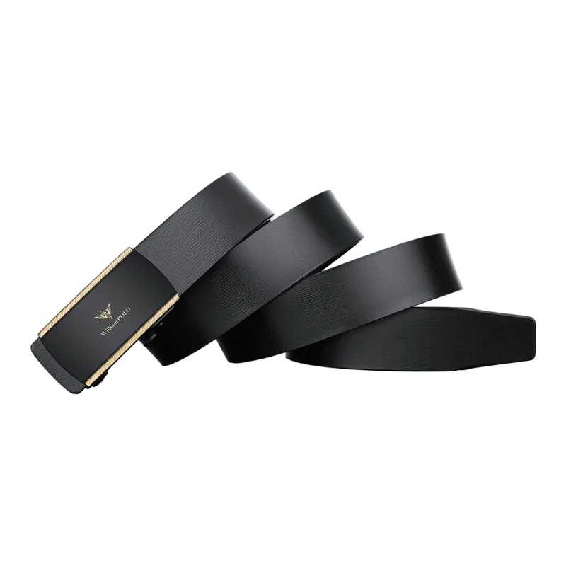 WilliamPOLO Cow Leather Leather Belts Men's Black Buckle Gold Logo 3.4cm Wide-1