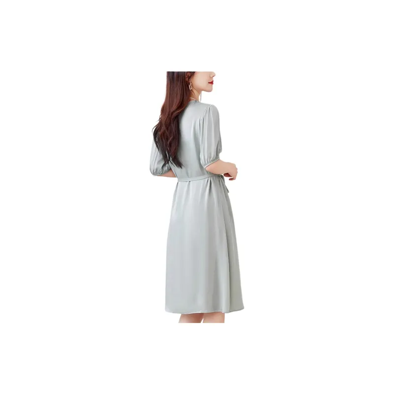 Yi Mengyuan Lace Up Silk Short Sleeved Dress Women's-5