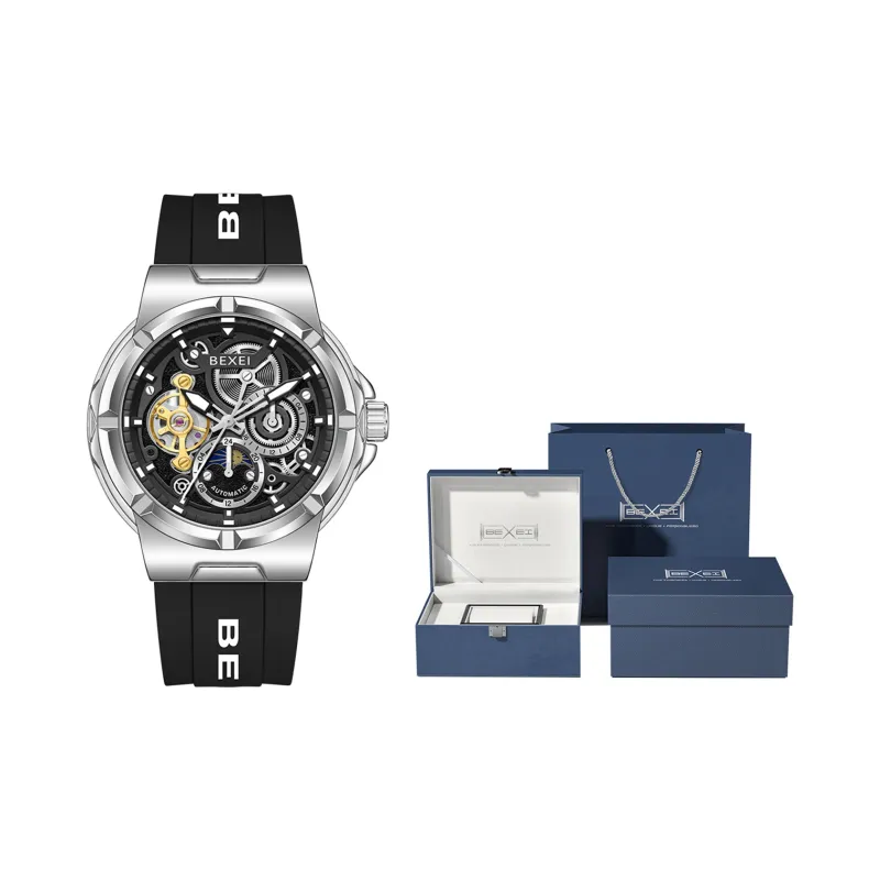 BEXEI Black Warrior Mechanical Movement Rubber Strap Watch Men's Watches Cut-Out Dial-32