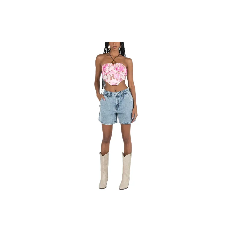 PRINCESS POLLY LOU CARPENTER DENIM SHORTS Denim Shorts Women's Light Wash-1