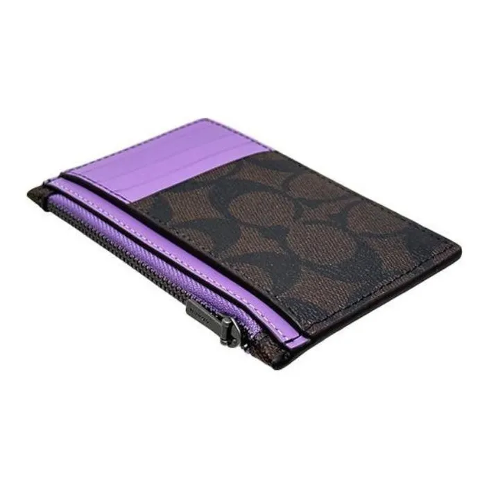 COACH Card Case Canvas With Calfskin Wallets Card Holders Men's Coffee Antique Floral Pattern Purple-3