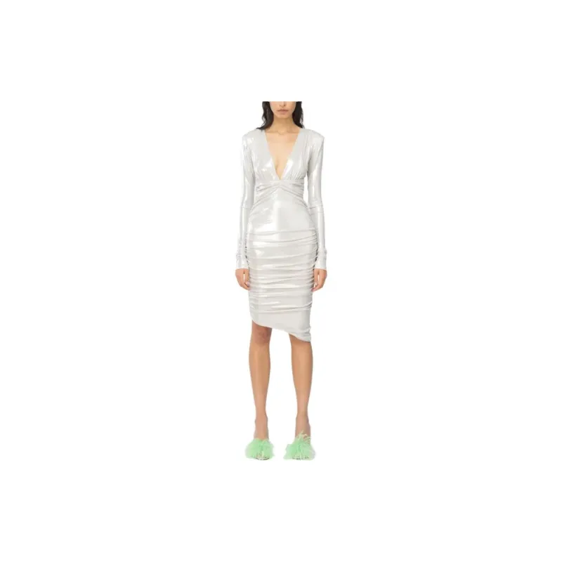 PINKO Asymmetric Hem Gathered Metallic Midi Dress-3