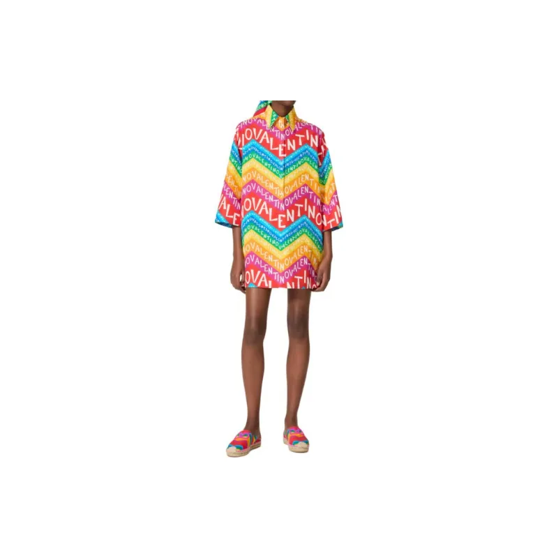 Valentino All Over Logo Printed Long Sleeved Shirt Dress-1