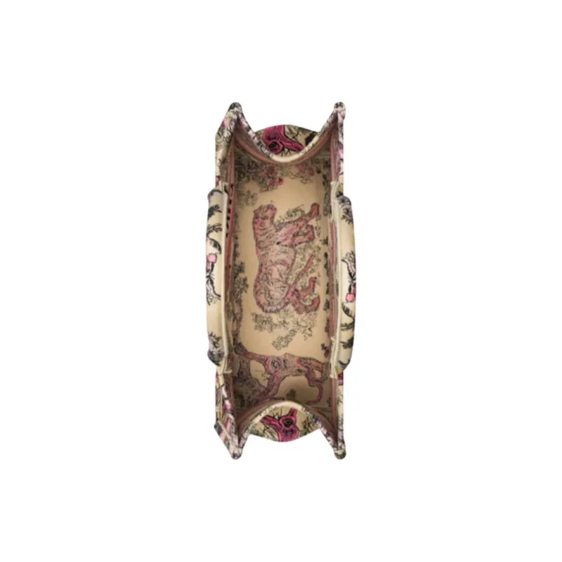 DIOR Embroidery Tote Bag Shopping Bag Handbag Medium Size Women's Beige & Pink-3