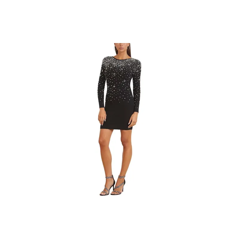 GUESS Marciano Pearls Mini Sweater Dress Long-Sleeved Dresses Women's Black-1