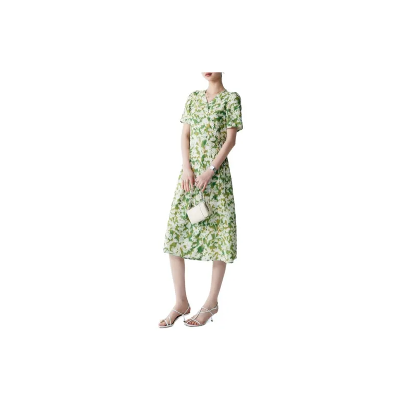 CHUMIAN Short Sleeved Dress Women's Green Land White Flower-1