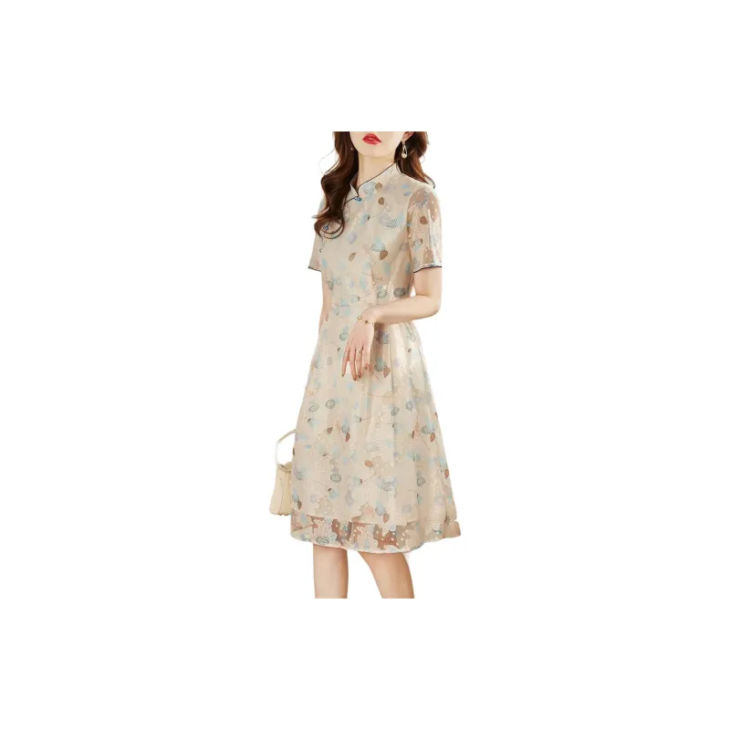 Still Quiet Short Sleeved Dresses Women's Beige-1