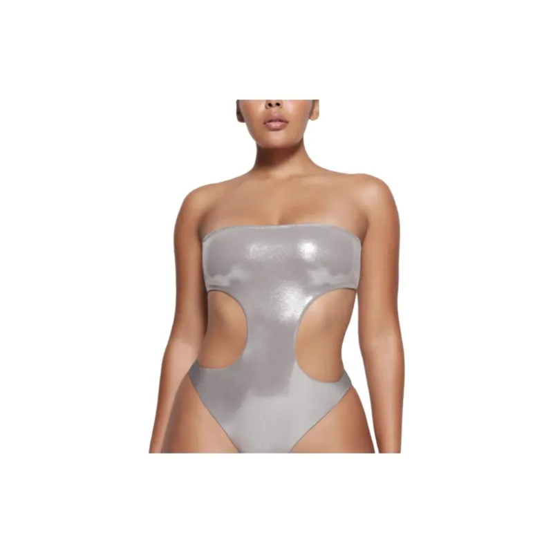 SKIMS LIQUID SHINE SWIM STRAPLESS CUT OUT MONOKINI One-piece Swimsuit Women's SMOKE/Smoke Gray-1