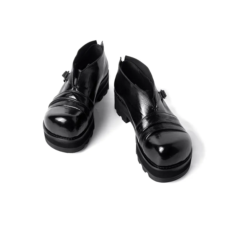 HUANXIANGZHE Round Tip Derby Shoes With Platform Height Increasing Leather Shoes Men's Black-4