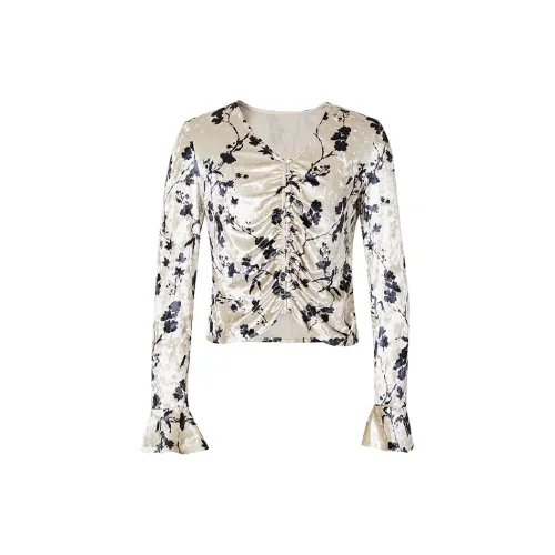 Hopeshow T-Shirts Women's Beige Base With Black Floral Pattern