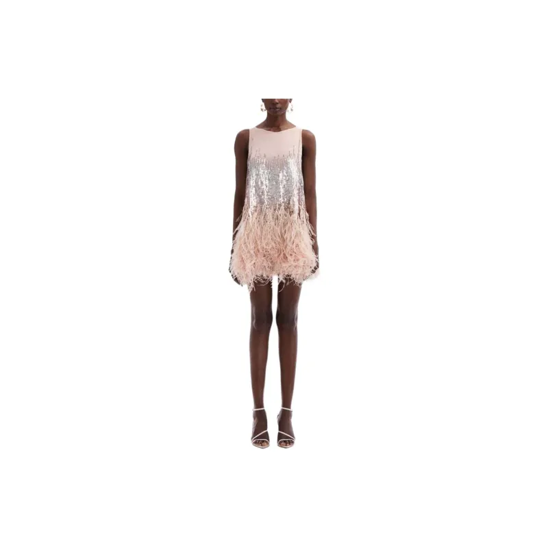 Oscar De La Renta Sequin-embellished Feather-trim Silk Dress-1