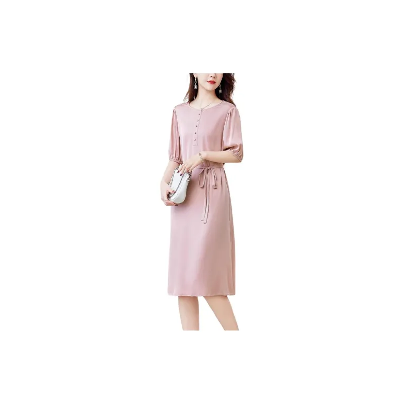 Yi Mengyuan Lace Up Silk Short Sleeved Dress Women's-15