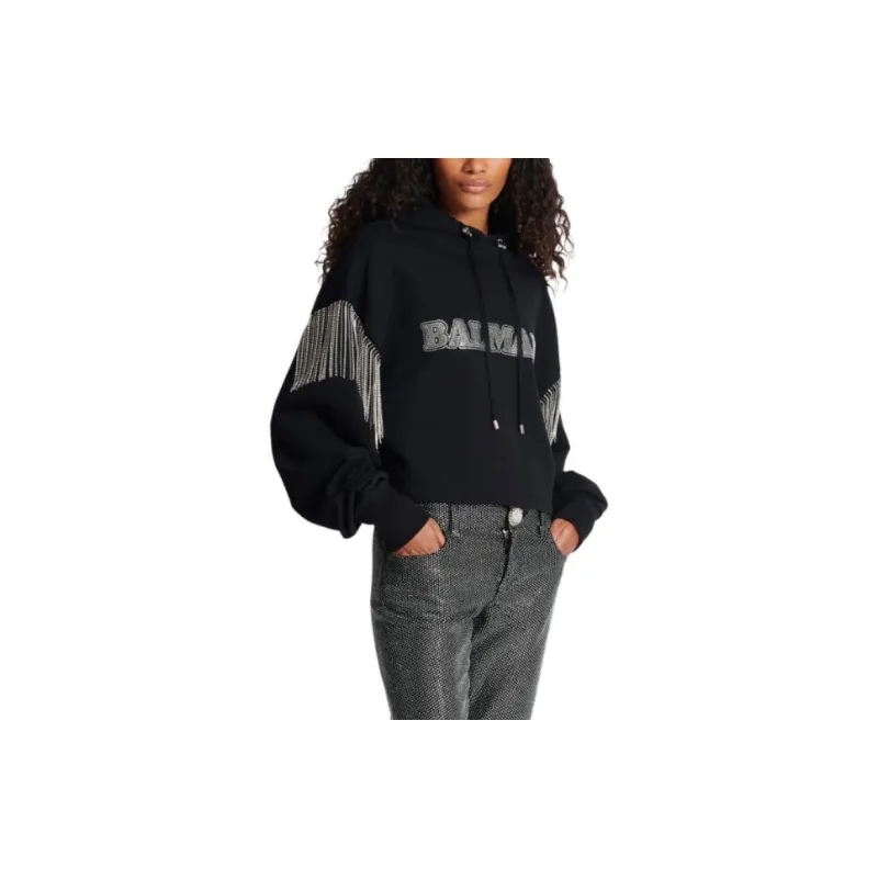 BALMAIN Embellished Cropped Hoodie 'Black/Crystal'-3
