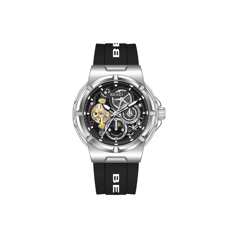 BEXEI Black Warrior Mechanical Movement Rubber Strap Watch Men's Watches Cut-Out Dial-31