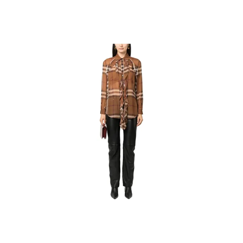 Burberry Check-Printed Self-Tied Sheer Chiffon Shirt-1