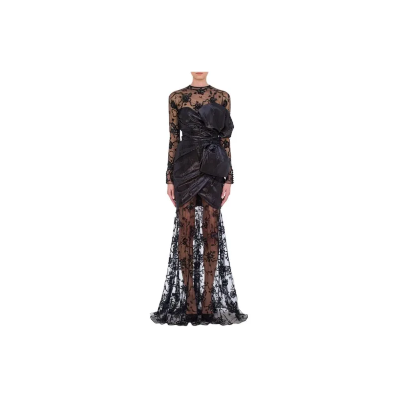 MOSCHINO Lurex Moiré And Embroidered Tulle Dress Long-Sleeved Dresses Women's Black-1