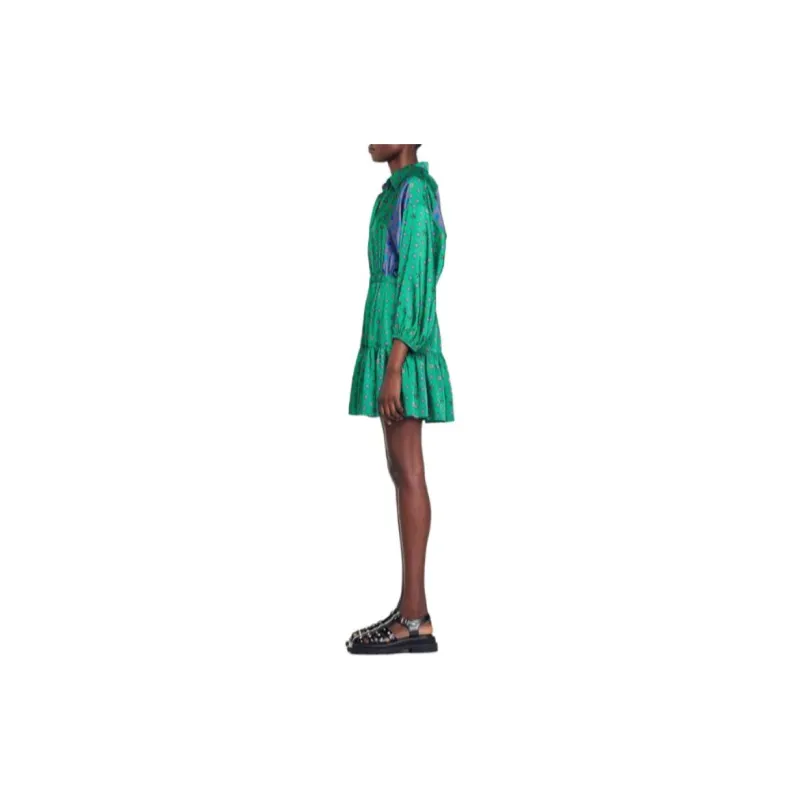 Sandro Printed Shirt Dress Long Sleeved Dress Women's Green-3