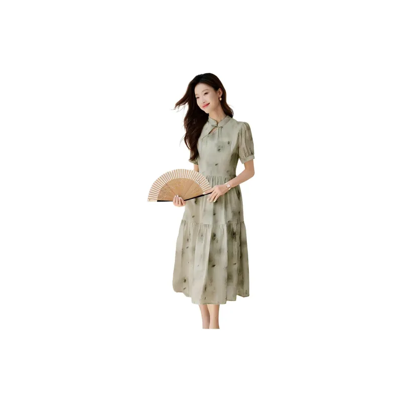 Mo Han Yi Mei Short Sleeved Dress Women's Green Multicolor-1