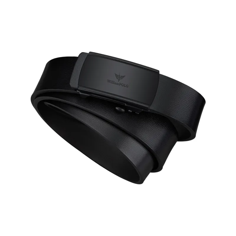 WilliamPOLO Cow Split Leather Cow Leather Leather Belts Men's Black Buckle With Black Logo 3.4cm Wide-2